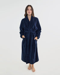 Model wears Cardrona Robe in NAVY BLAZER. On body front view