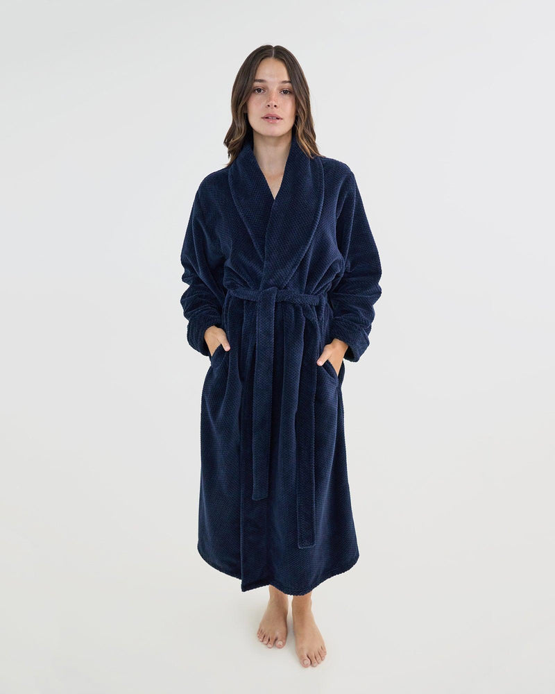 Model wears Cardrona Robe in NAVY BLAZER. On body front view