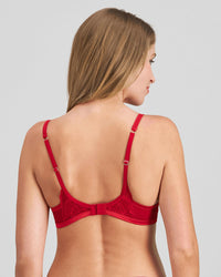 Model wears Lace Me Up Contour Bra in JESTER RED. On body back view