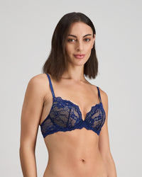 Model wears My Fit Lace Push Up Bra in Medieval Blue. On body side view