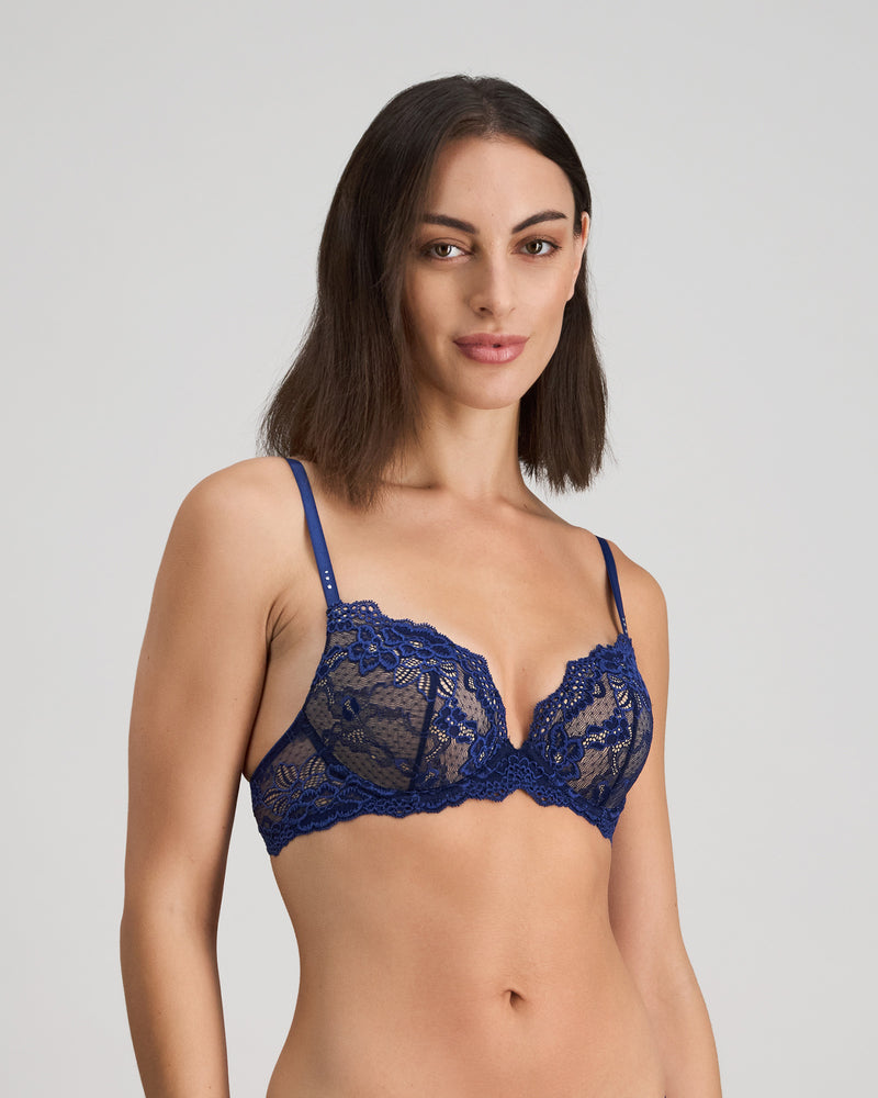 Model wears My Fit Lace Push Up Bra in Medieval Blue. On body side view