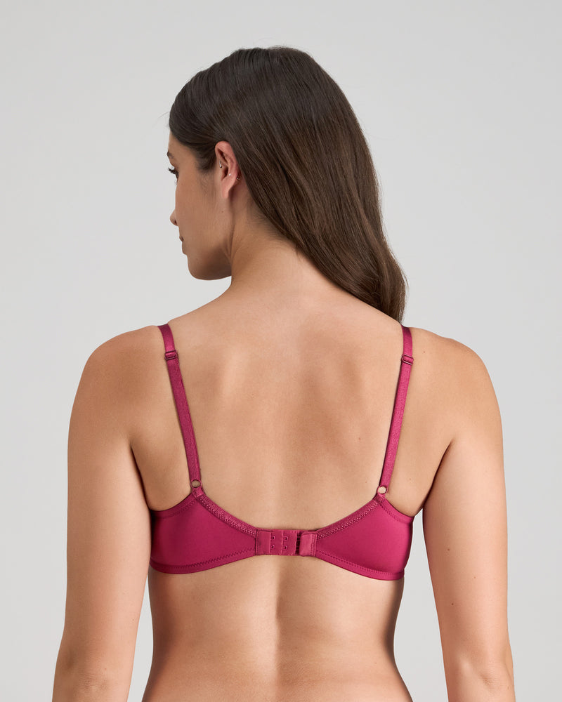 Model wears Legacy Contour Bra in BEAUJOLAIS. On body back view