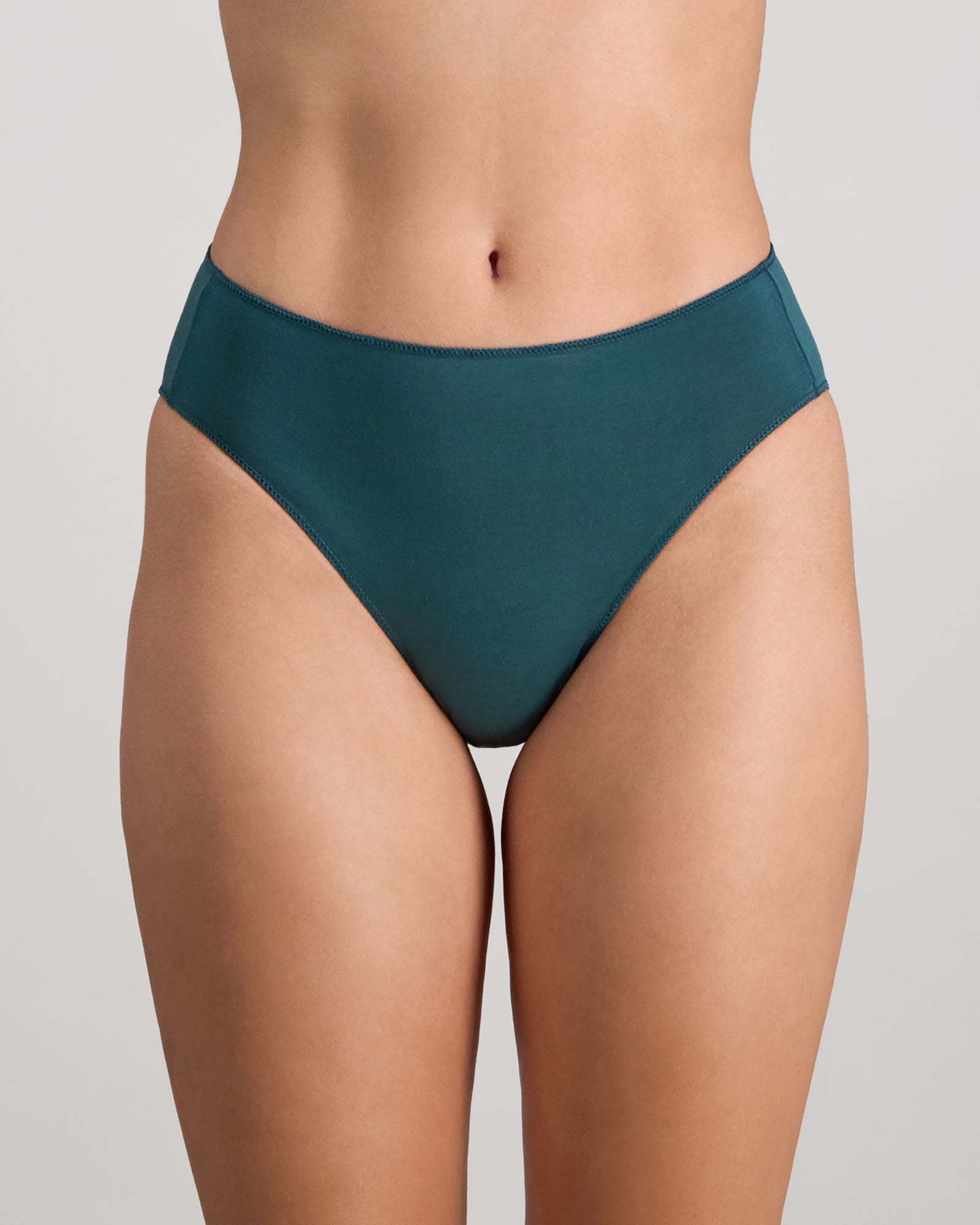 Model wears Au Naturel High Cut Brief in MEDITERRANEA. On body front view