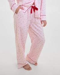 Model wears Hearts In Cabana Long Pj Pant in MINI HEART PRINT. On body front view