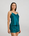 Model wears Sleigh The Night Cami & Short Set in EVERGLADE. On body side view
