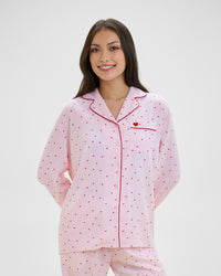 Model wears Hearts In Cabana Long Sleeve Pj Top in MINI HEART PRINT. On body front view