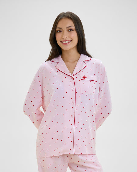 Model wears Hearts In Cabana Long Sleeve Pj Top in MINI HEART PRINT. On body front view