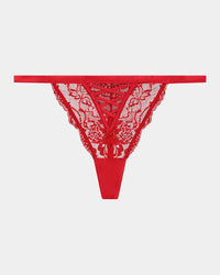 Lace Me Up Thong in JESTER RED. Flat lay front view