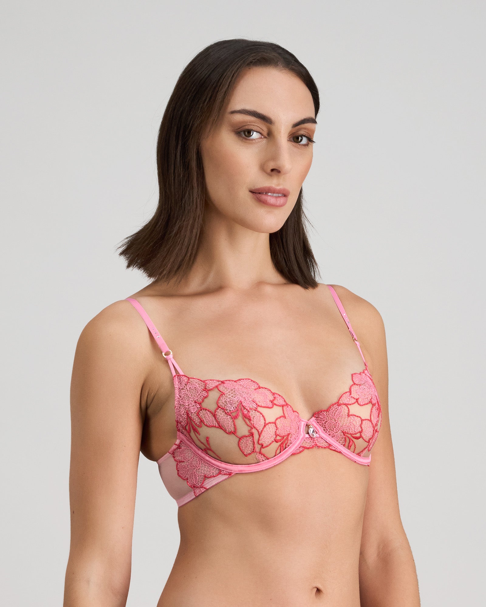 Model wears Josephine Underwire Bra in SACHET PINK. On body side view