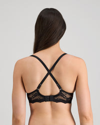 Model wears My Fit Lace Contour Bra in BLACK. On body back view