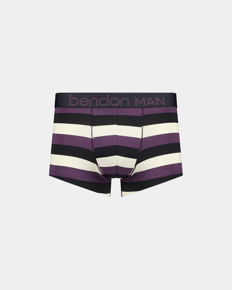 Rugby Stripe Mens Trunk in BLACK/PLUM PERFECT/OATMEAL. Flat lay front view