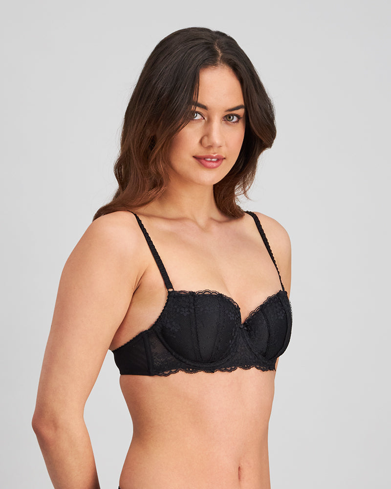 Model wears Sofia Contour Bra in BLACK. On body side view