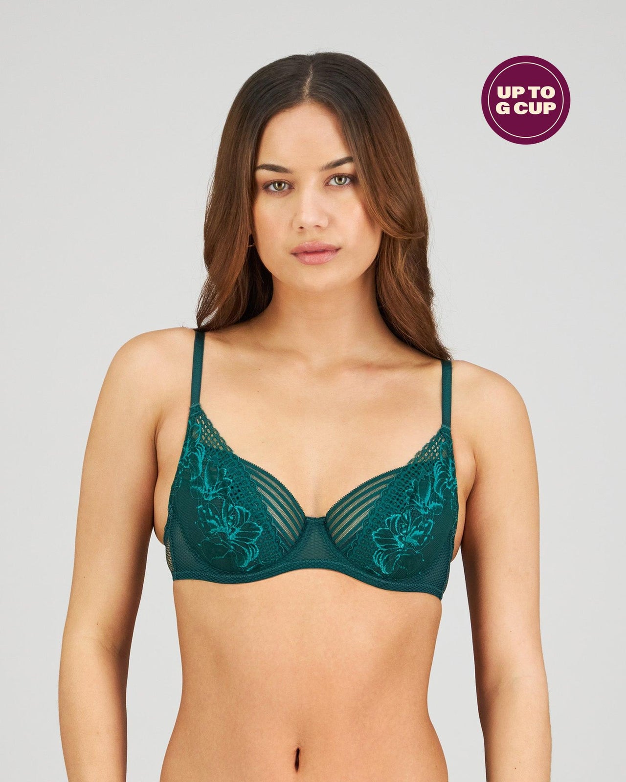 Model wears Lucille Underwire Bra in RAIN FOREST. On body front view