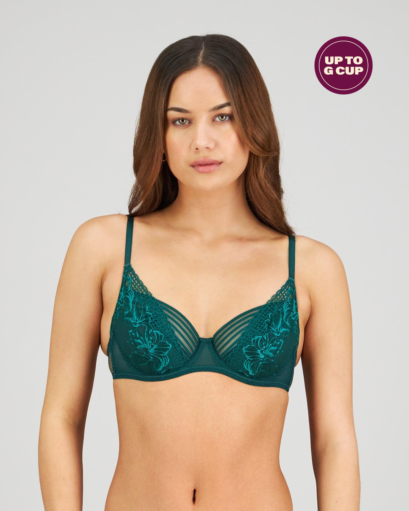 Model wears Lucille Underwire Bra in RAIN FOREST. On body front view