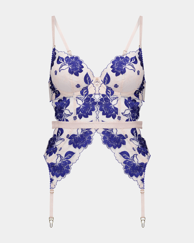 Everleigh Corset in SURF THE WEB/BLUSH. Flat lay front view