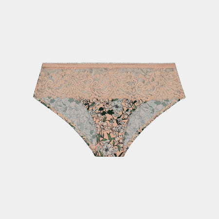 Rosemary Bikini in PEACHY PINK PRINT. Flat lay front view