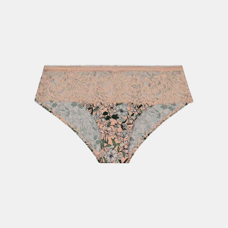 Rosemary Bikini in PEACHY PINK PRINT. Flat lay front view