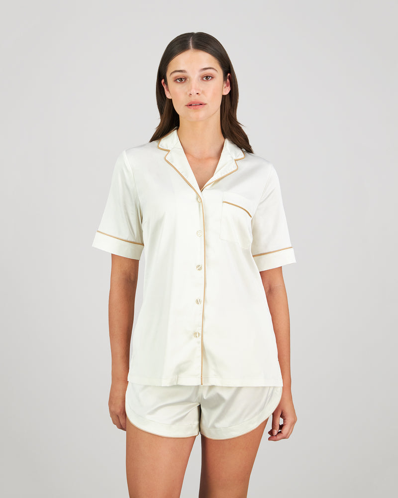 Model wears Holly Short PJ in IVORY. On body front view