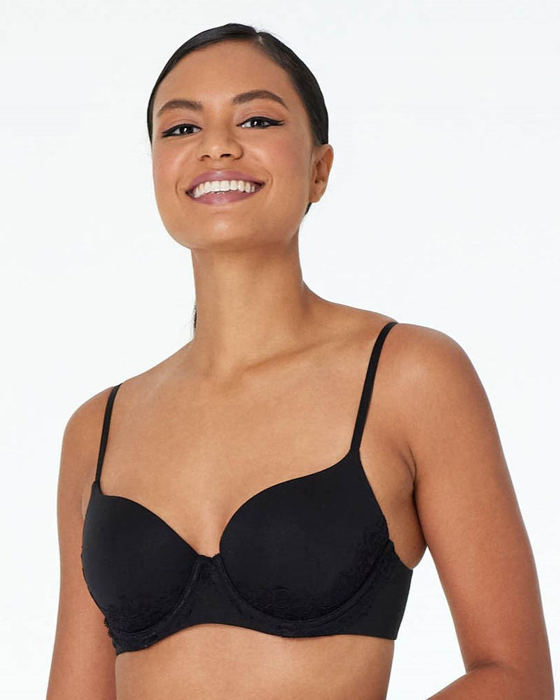 Model wears Simply Me Contour Bra in BLACK. On body front view
