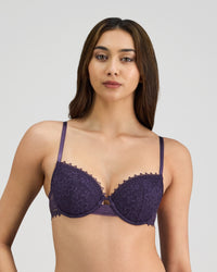 Model wears Jessie Contour Bra in PURPLE VELVET. On body front view