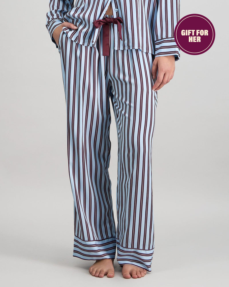 Model wears Cabana Stripe Long Pj Pant in COOL BLUE. On body front view