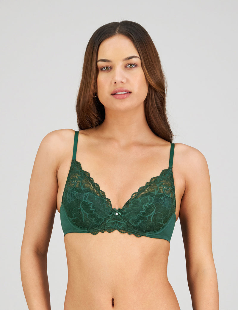 Model wears Embrace Contour Bra in RAIN FOREST. On body front view