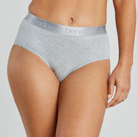 Model wears Cotton Logo Full Brief in GREY MARL. On body front view