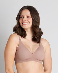 Model wears Comfit Collection Wire Free Bra in MOCHA. On body front view