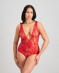 Model wears Giuliana Bodysuit in SALSA. On body front view
