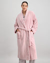 Model wears Marbella Robe in PINK MARL STRIPE. On body front view
