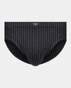 Cotton Stretch Mens Brief in BLACK PINSTRIPE. Flat lay front view