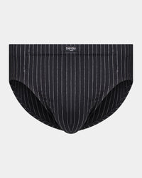 Cotton Stretch Mens Brief in BLACK PINSTRIPE. Flat lay front view
