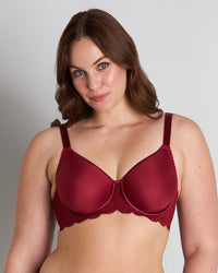 Model wears Lace Perfect Contour Bra in BIKING RED. On body front view