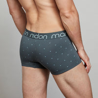 Model wears Cotton Print Series Mens Trunk in NATURE PRINT CHINA BLUE. On body back view