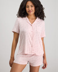 Model wears Belle Bamboo Short Pj Set in PALE LILAC/FIG. On body front view