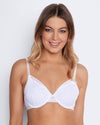 Model wears Tara Contour Bra in WHITE. On body front view