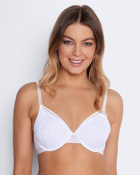 Model wears Tara Contour Bra in WHITE. On body front view