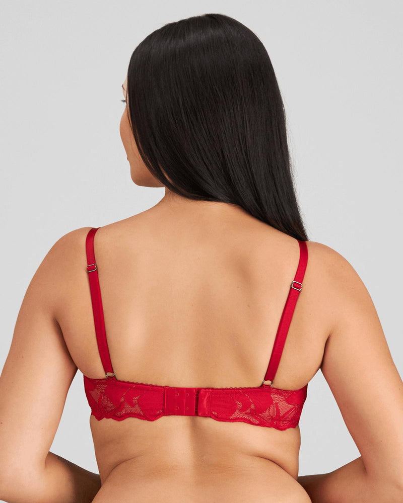 Model wears Margot Estelle Underwire Bra in JESTER RED. On body back view