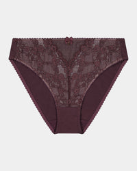 Vivacious High Cut Brief in PLUM PERFECT/LATTE. Flat lay front view