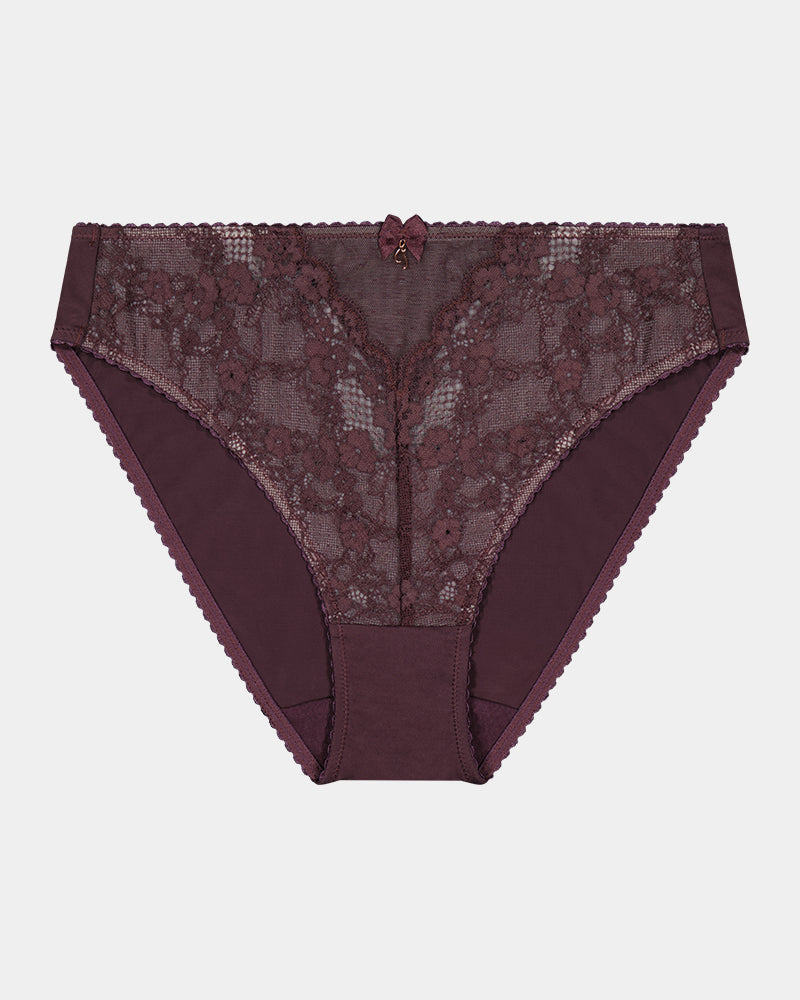 Vivacious High Cut Brief in PLUM PERFECT/LATTE. Flat lay front view