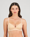 Model wears Bendon Body Lace Wire Free Bra in LATTE. On body front view