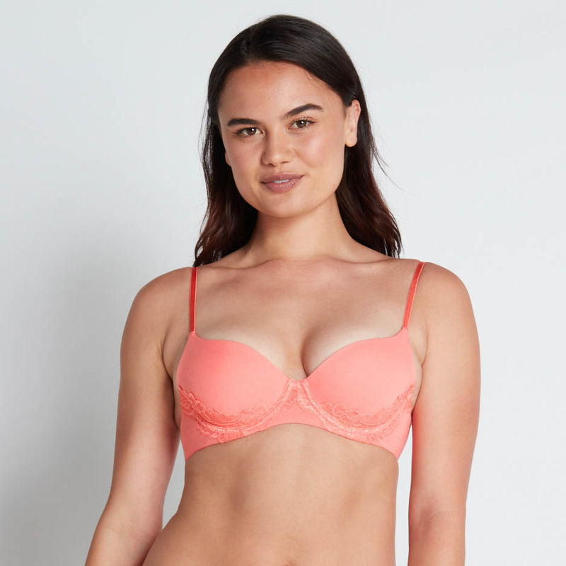 Model wears Simply Me Contour Bra in SHELL PINK. On body front view
