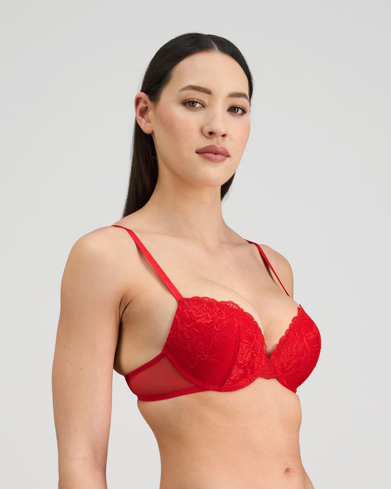 Model wears Florence Push Up Bra in SALSA. On body side view