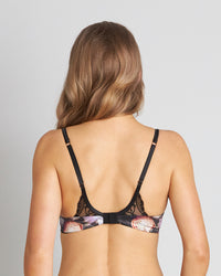 Model wears Flora Serenity Contour Bra in SERENITY PRINT/BLACK. On body back view