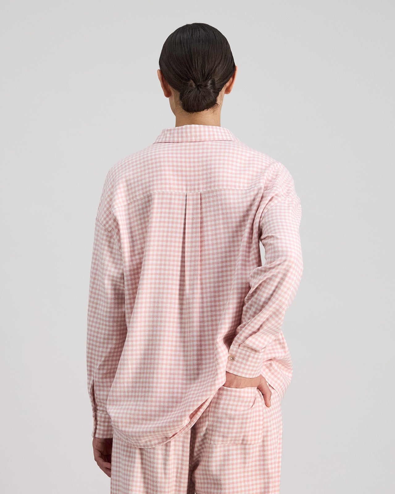 Model wears Cosy Flannel Long Sleeve PJ Top in ROSE MINI GINGHAM. On body back view