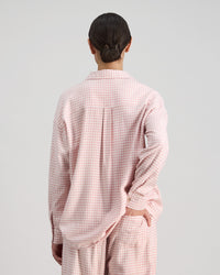 Model wears Cosy Flannel Long Sleeve PJ Top in ROSE MINI GINGHAM. On body back view