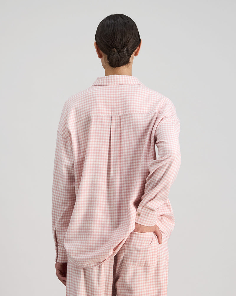 Model wears Cosy Flannel Long Sleeve PJ Top in ROSE MINI GINGHAM. On body back view