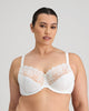 Model wears Coral Underwire Bra in WHITE. On body front view