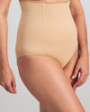 Model wears Bamboo Bodywear High Waisted Brief in CARAMEL. On body side view