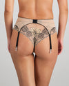 Model wears Everlasting Love Suspender in CAMEO ROSE / BLACK. On body back view